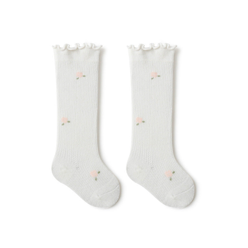 Baby Girl Solid Color Floral Embroidered Pattern Breathable Knee Socks-1