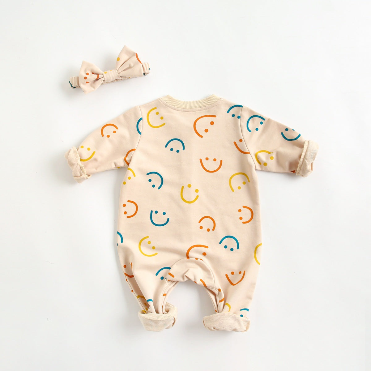 Baby Girl Smiley Print Pattern Single Breasted Design Long-Sleeve Rompers With Covered Buttton-1