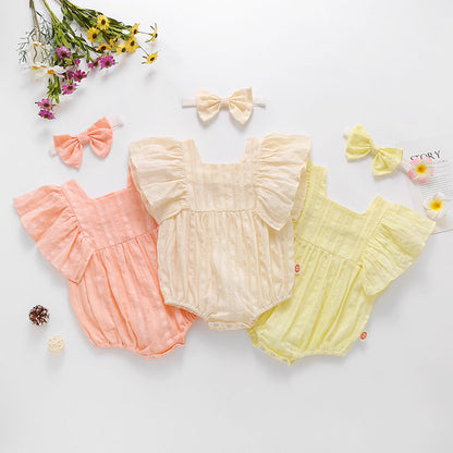 Baby Girl Solid Color Square Collar Design Short-Sleeved Onesies With Headband In Summer Outside Wearing-0