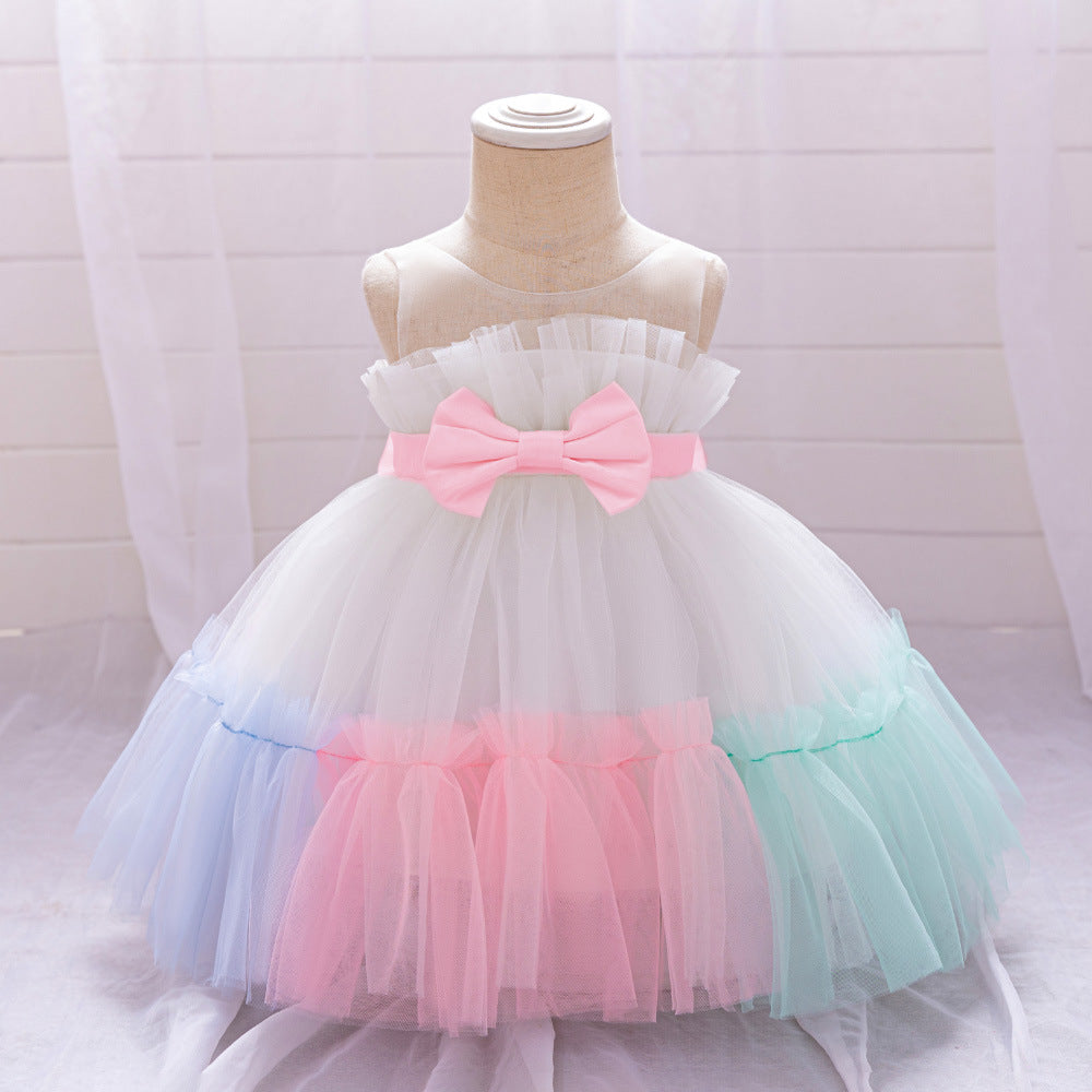 Summer Baby Kids Girls Princess Crew Neck Sleeveless 3D Butterfly Bow Colorful Mesh Dress-3