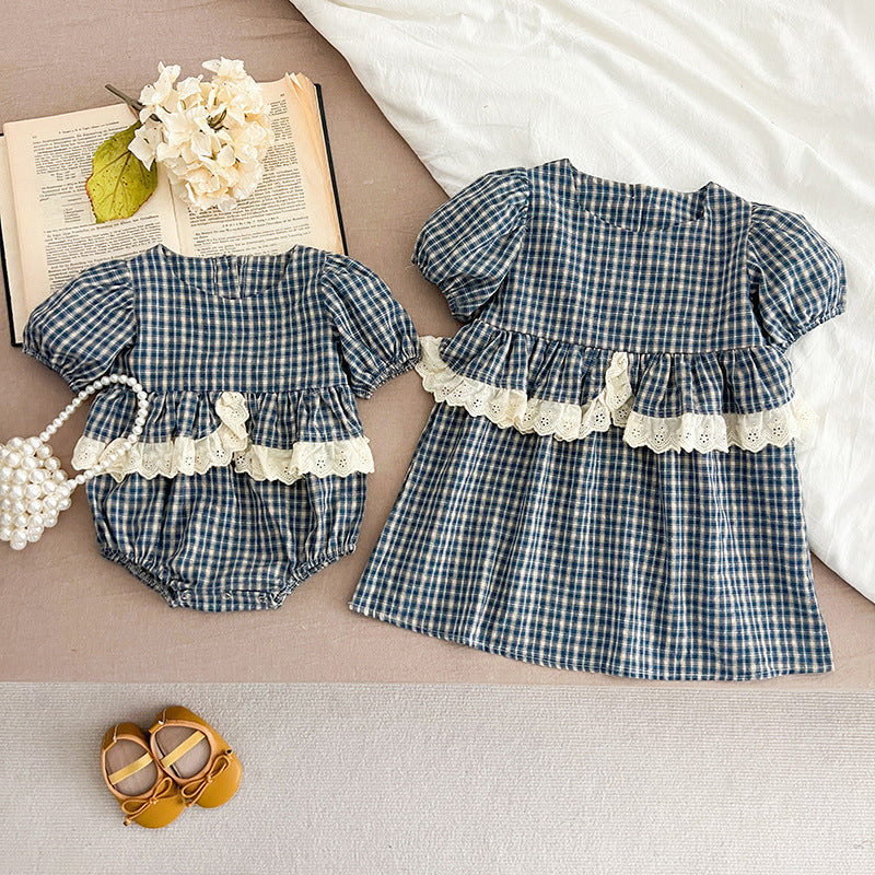 New Design Summer Baby Kids Girls Plaid Short Sleeves Crew Neck Onesies And Girls’ Dress – Princess Sister Matching Set-0