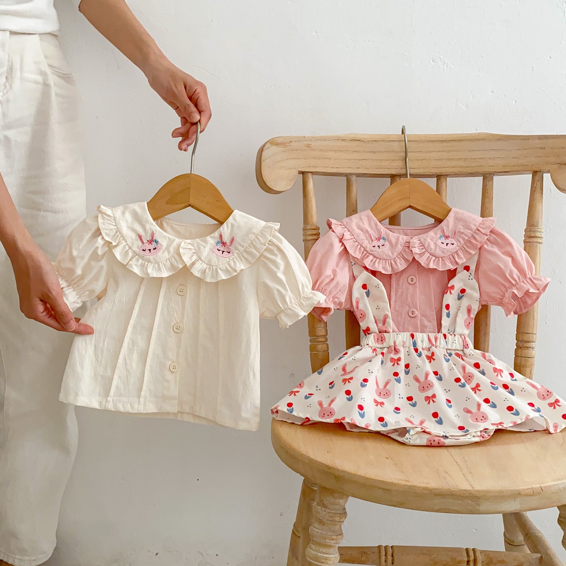 Baby Girl Solid Color Doll Neck Blouses With Strap Dress Sets-1