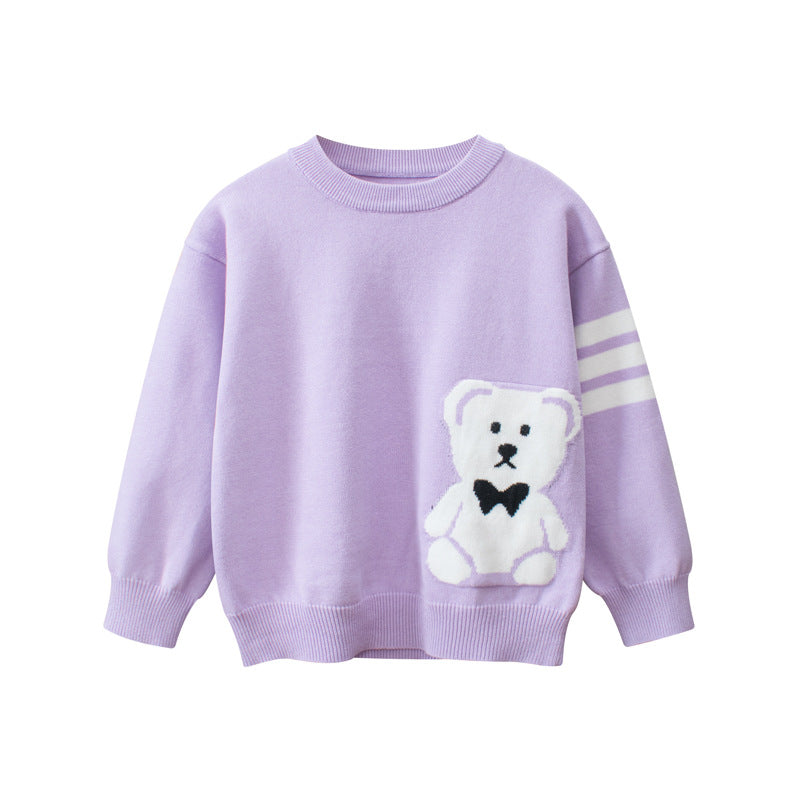 Baby Boys And Girls Kids Cute Teddy Bear Cartoon Long Striped Sleeve Knitwear Pullover-1