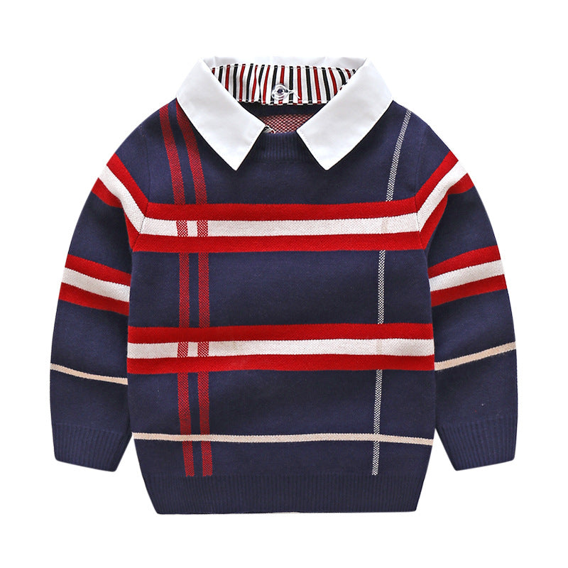 Baby Boy Striped Pattern False 1 Pieces Sweater With Detachable Shirt Neck-0