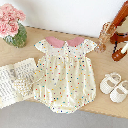 Hot Selling Summer Girls Colorful Dots Pattern Peter Pan Collar Thin Onesies-1