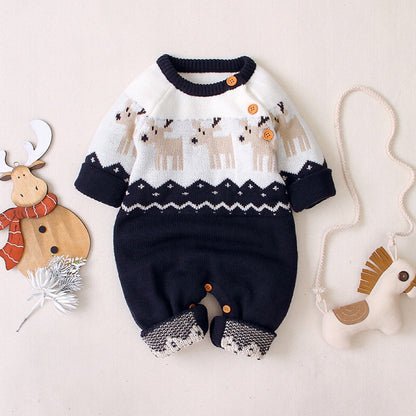 Baby Christmas Giraffe Pattern Shoulder Button Design Sweater Rompers-1