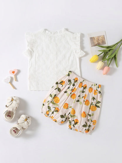 Summer Baby Kids Girls Solid Color Striped Pattern Fly Sleeves Top Shirt And Fruits Pattern Shorts Casual Clothing Set-1