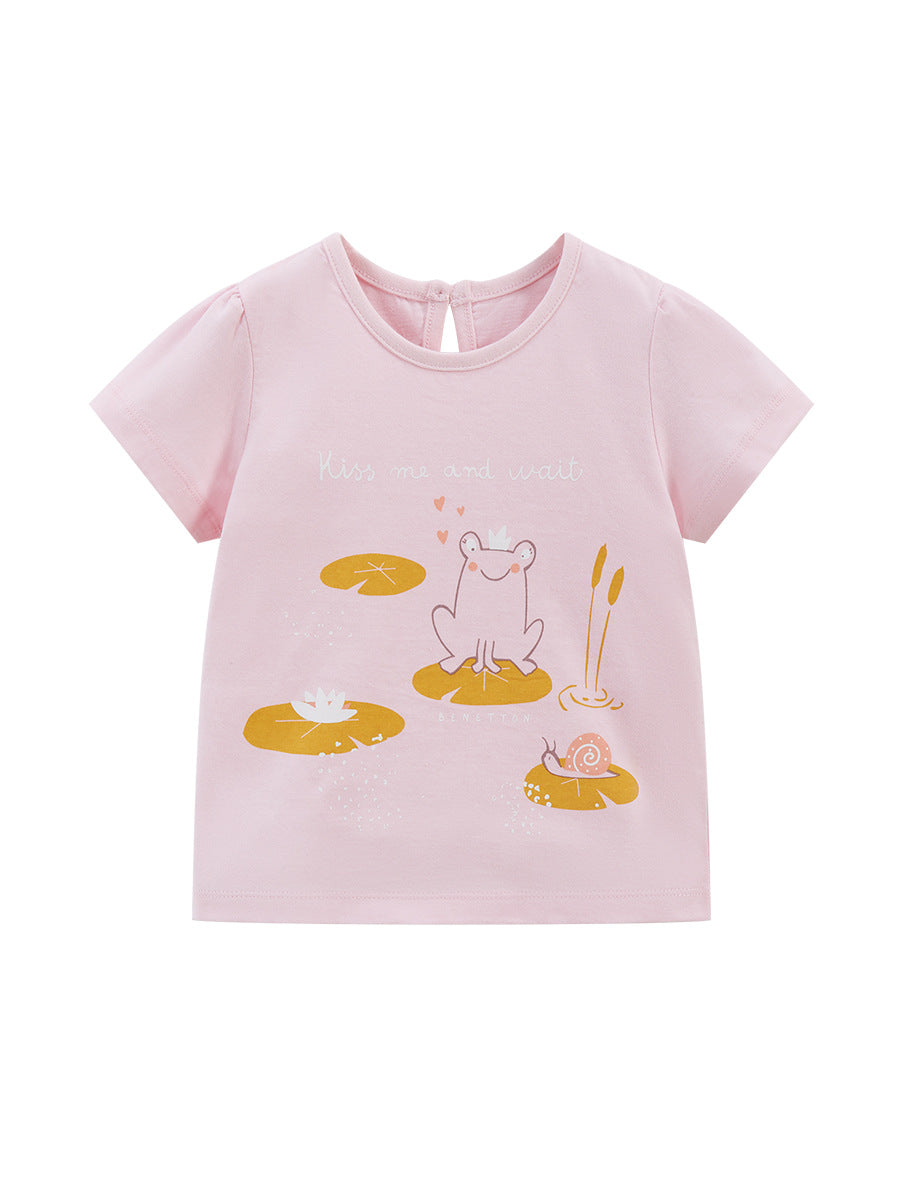 Cute Knit Round Neck Animals On Lotus Leaves Printing Girls’ T-Shirt In European And American Style For Summer-0