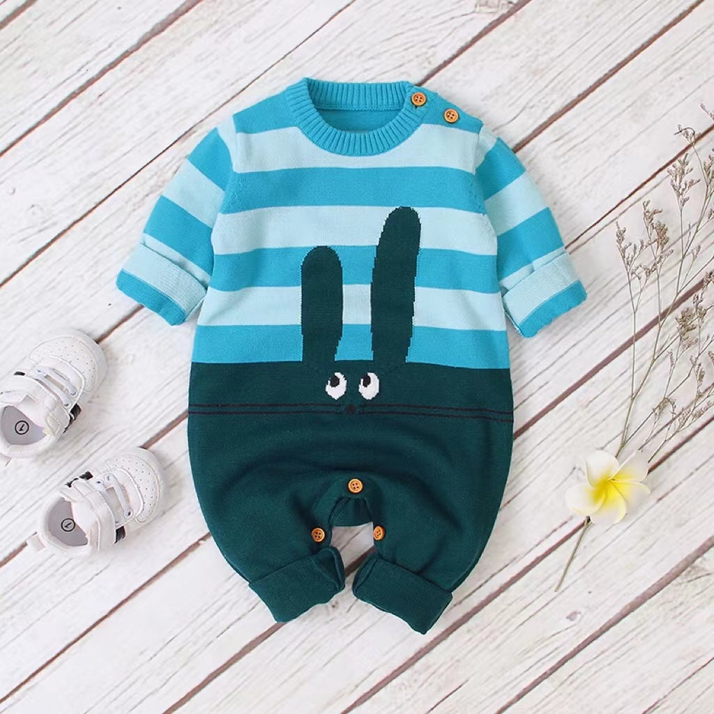 Baby Bunny Embroidery Striped Pattern Contrast Knitted Romper-0