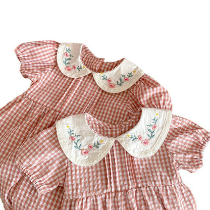 Summer Girls Flowers Embroidery Collar Plaid Onesies And Girls’ Dress – Princess Sister Matching Set-1