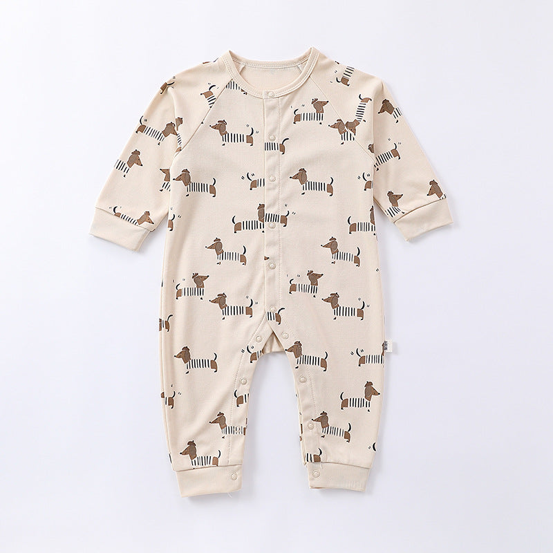 Spring Moon/Dogs Print Crew Neck Single Breasted Comfy Rompers-1