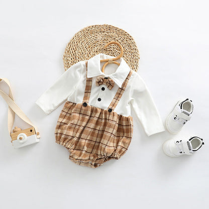 Baby Plaid Pattern False 1 Pieces Design Bow Tie Decoration Bodysuit-0