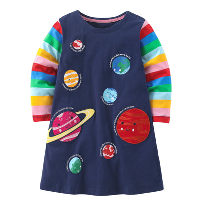 Spring Girls Kids Long Sleeve Striped Happy Planets Cartoon Dress-0