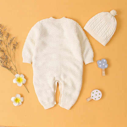 Baby Baby Cable Knitted Pattern Button Front Design Long Sleeve Warm Rompers &amp; Hat-4