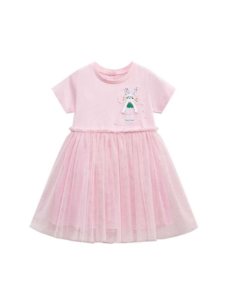 Spring And Summer Baby Girls Short Sleeves Rabbit Cartoon Chiffon Dress-0