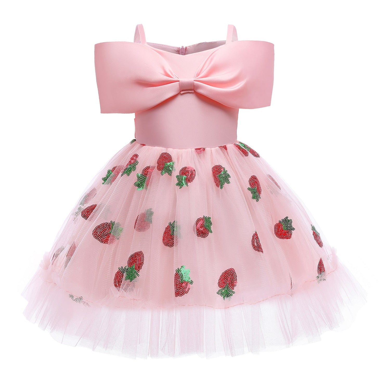 Baby Girl Strawberry Sequins Pattern Bow Tie Design Sling Tutu Formal Dress-1