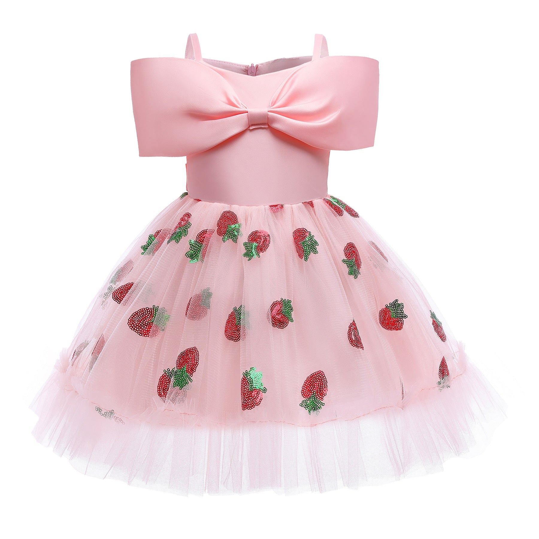 Baby Girl Strawberry Sequins Pattern Bow Tie Design Sling Tutu Formal Dress-1