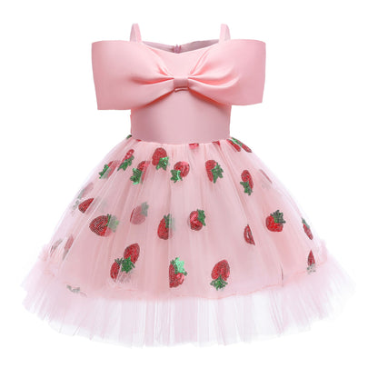 Baby Girl Strawberry Sequins Pattern Bow Tie Design Sling Tutu Formal Dress-1