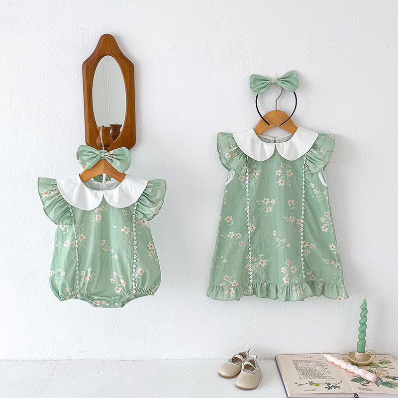 New Design Summer Girls Flowers Pattern Fly Sleeves Peter Pan Collar Onesies And Dress – Sister Matching Clothing Set-0