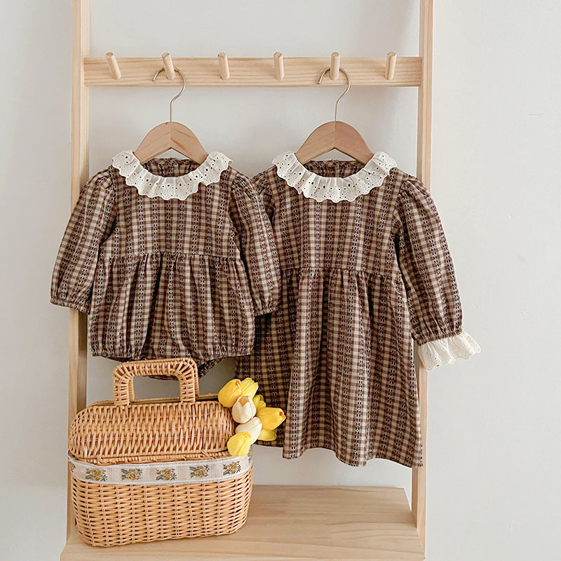 New Spring/Autumn Baby Vintage Plaid Onesies And Dress For Girls With Long Sleeves – Family Sister Matching Set-1