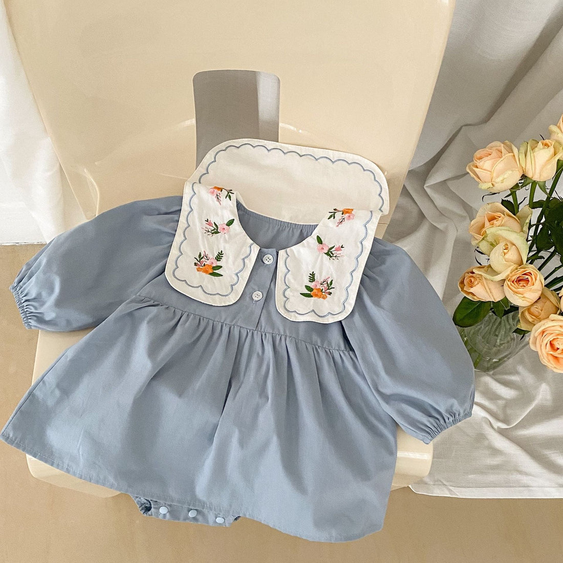 Baby Girl Solid Color Embroidered Doll Neck Beautiful Onesies Dress-1