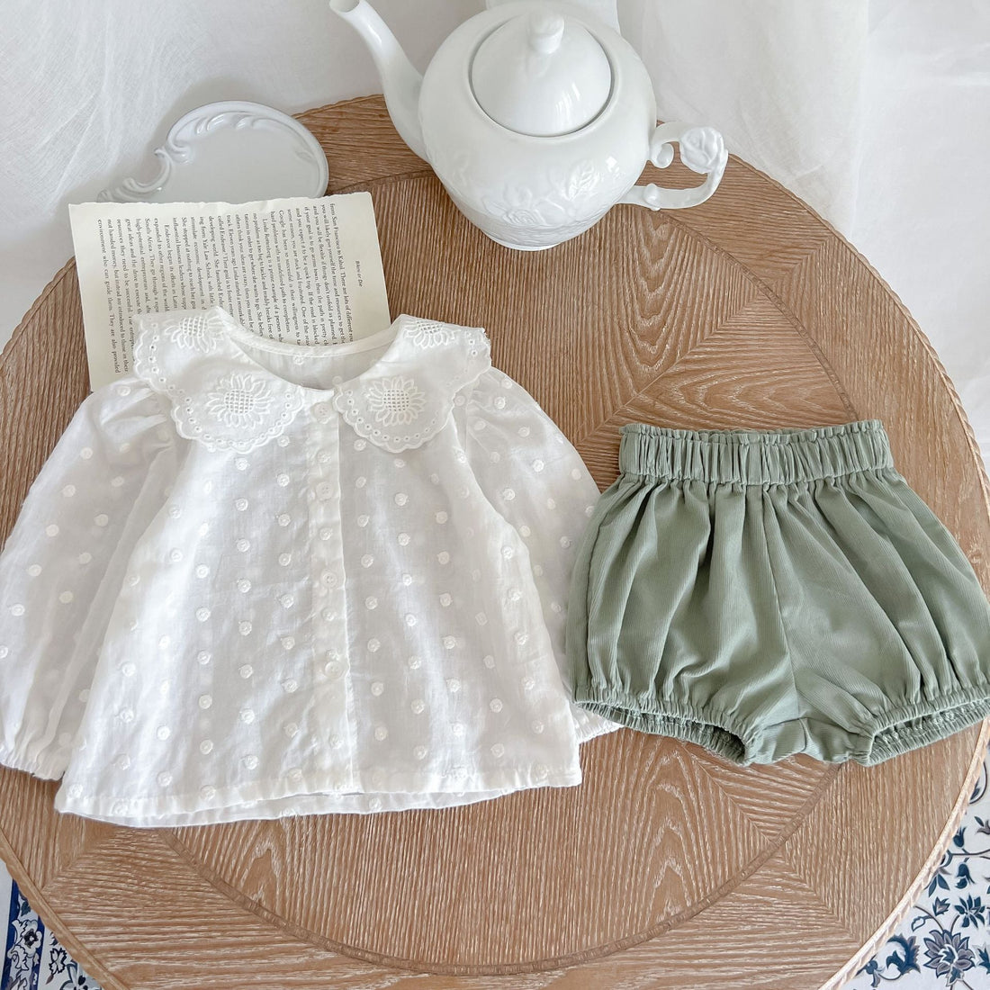 Baby Girl Solid Color Simple Style Doll Neck Shirt With Shorts Sets-1