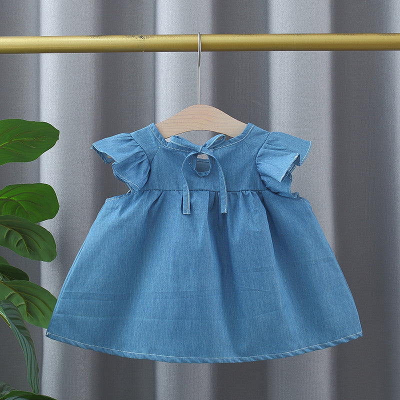 Summer Hot Selling Baby Kids Girls Fly Sleeves Crew Neck Solid Color Denim Dress-1