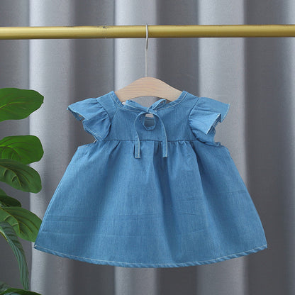 Summer Hot Selling Baby Kids Girls Fly Sleeves Crew Neck Solid Color Denim Dress-1