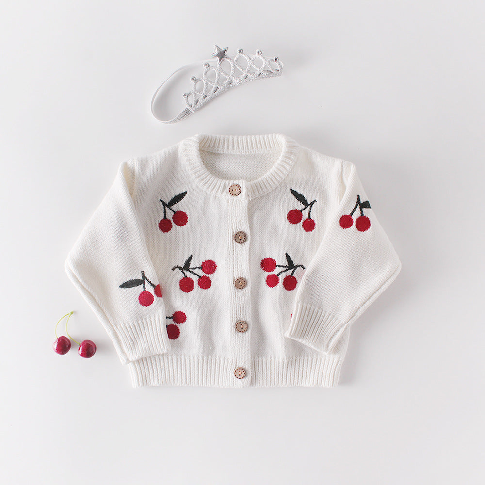 Baby Girl 1pc Cherry Embroidered Graphic Crotch Knitted Bodysuit &amp; Button Front Sweater Coat Sets-1