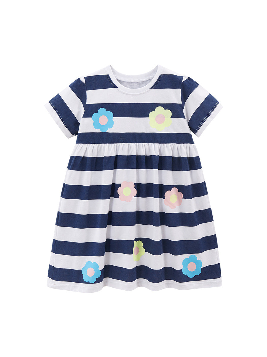 Spring And Summer Baby Girls Navy Blue Striped Floral Short Sleeves Dress-0