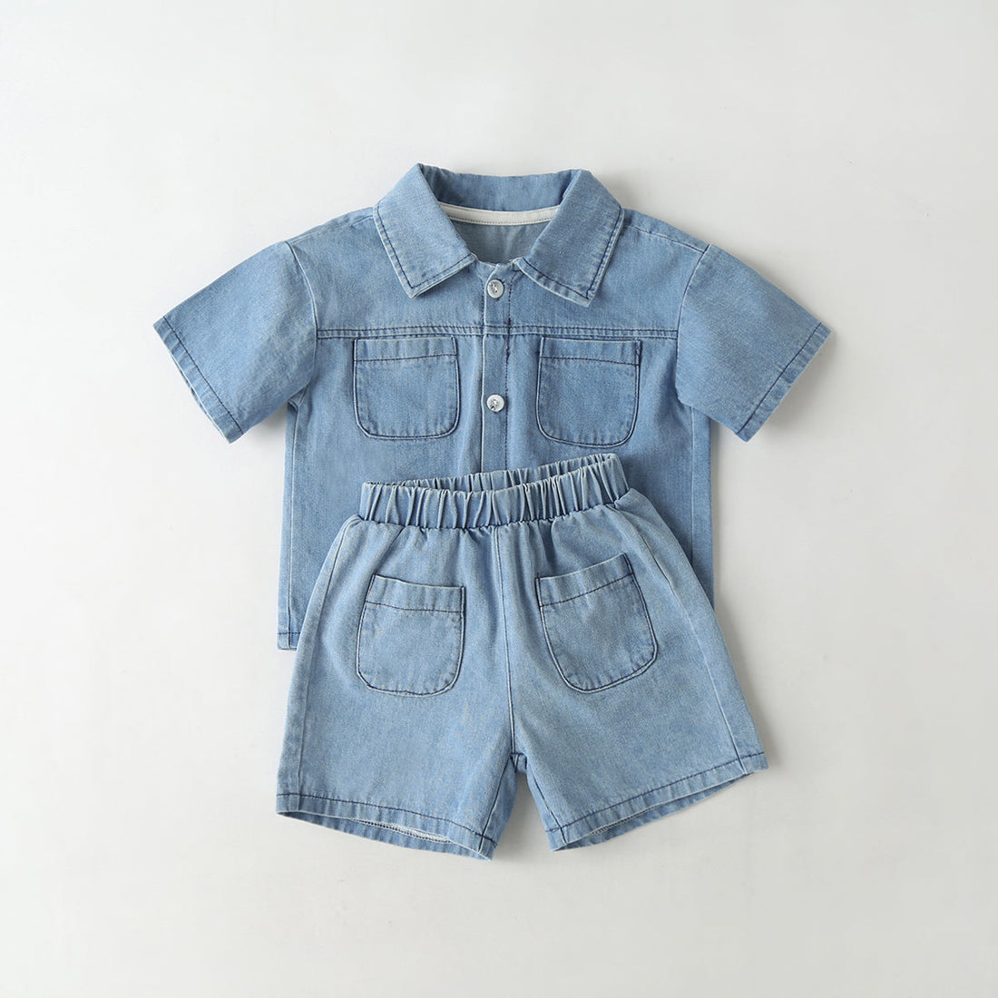 Baby Solid Color Butoon Front Denim Shirt Combo Shorts Sets In Summer-1