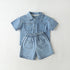 Baby Solid Color Butoon Front Denim Shirt Combo Shorts Sets In Summer-1