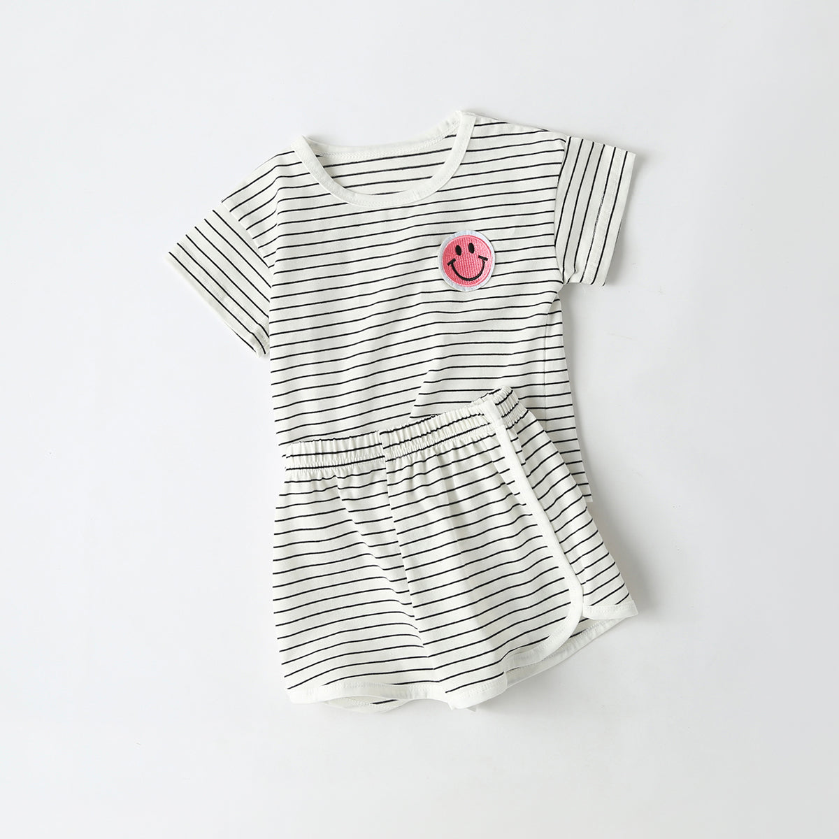 Baby Smiley Patched Pattern Striped Graphic Tee Combo Shorts Sets-1