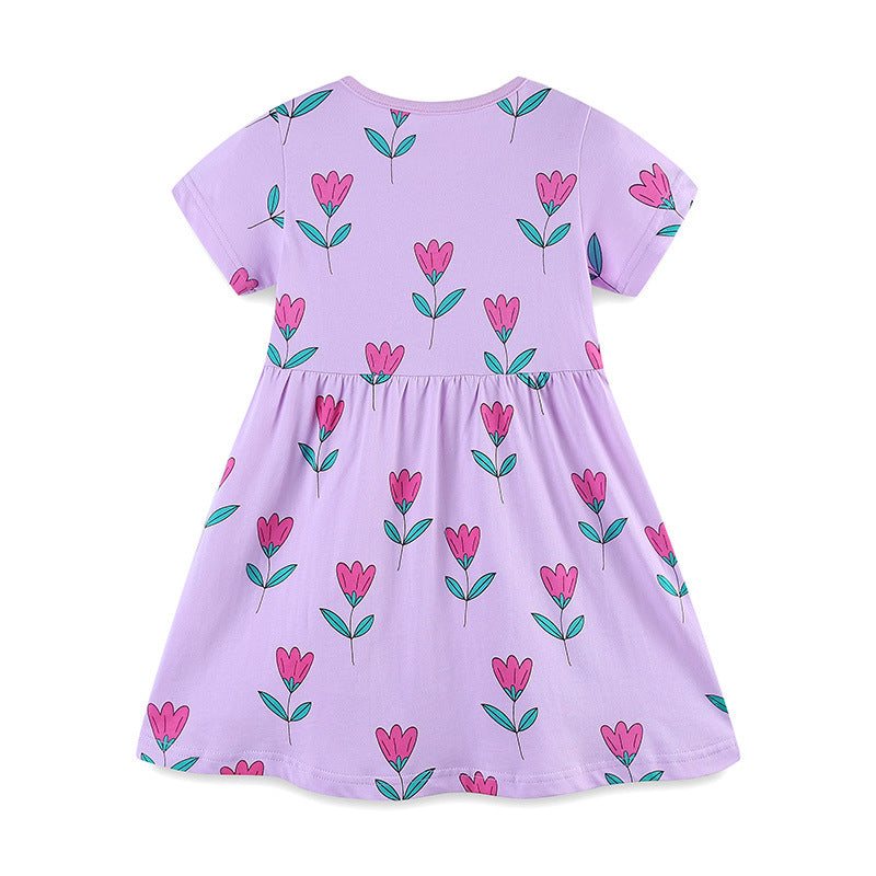 Summer New Arrival Girls’ Purple Flowers Pattern Short Sleeves Dress-1