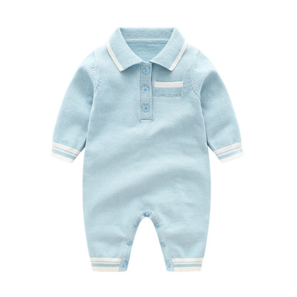 Baby Solid Color Quarter Button Design Lapel Knitted College Style Rompers-1