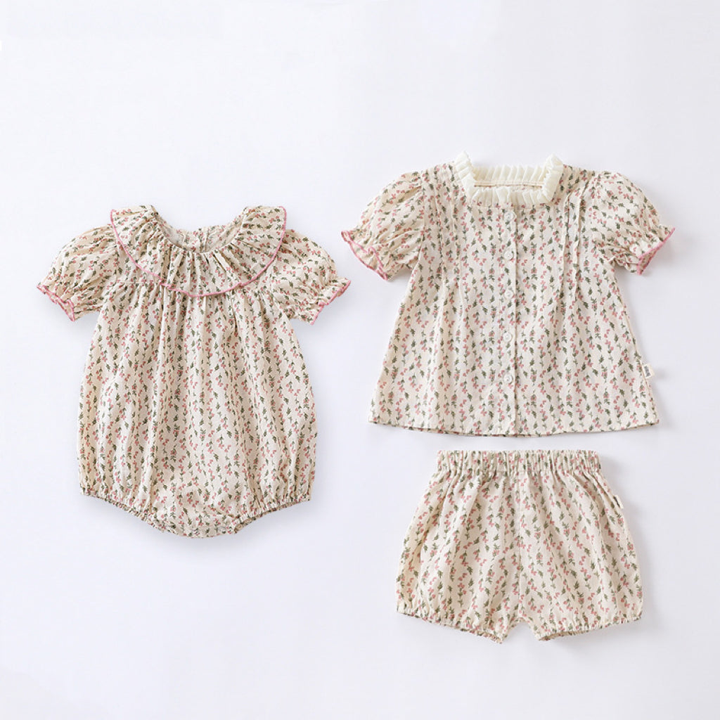 Baby Ditsy Flower Graphic Puff Sleeves Onesie&amp;Sets-1