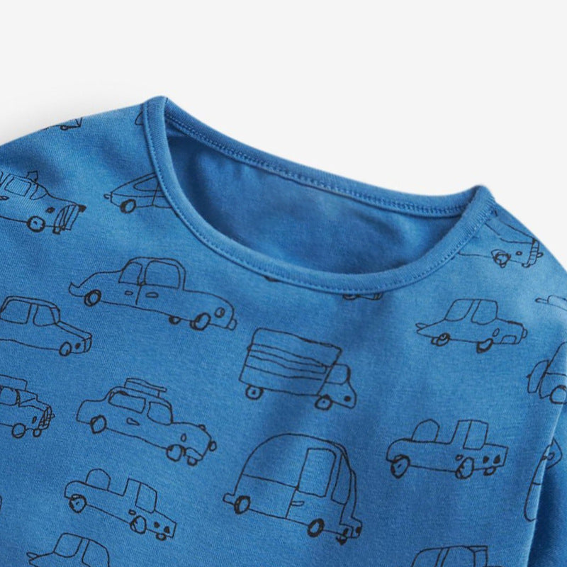 Baby Boy Print Pattern Solid Blue Long Sleeve Cotton Shirt-1