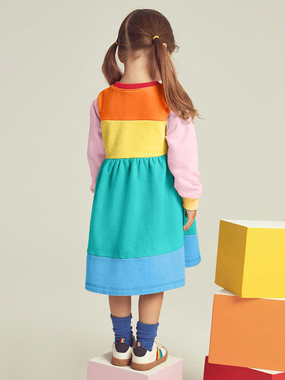 New Arrival Autumn Girls Long Sleeves Rainbow Color Patchwork Crew Neck Dress-2