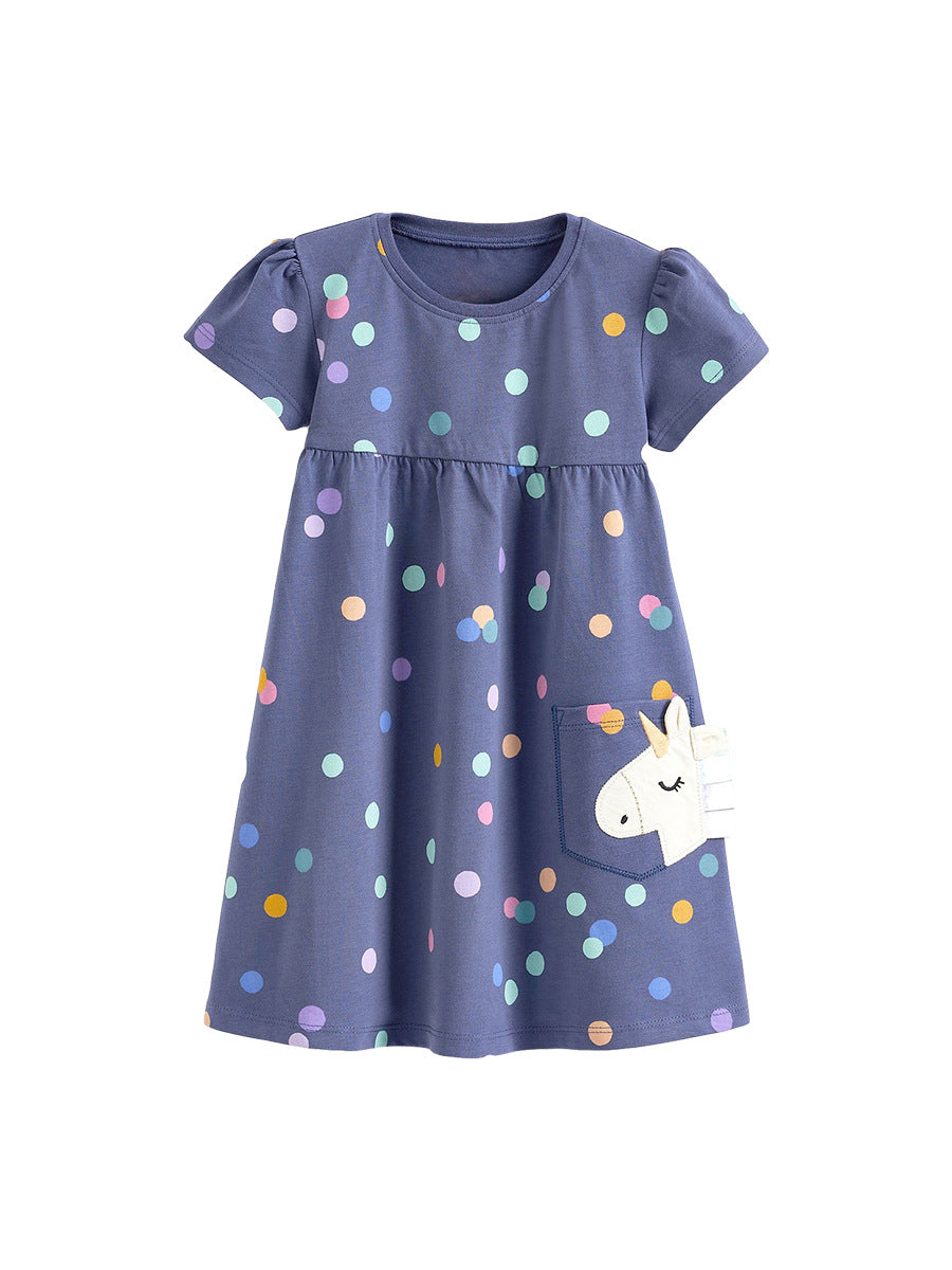 Spring And Summer Baby Girls Short Sleeves Polka Dots Dress With Unicorn Pocket-0