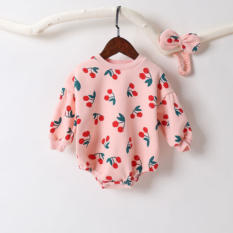 Baby Girl Allover Cherry Pattern Lantern Sleeves Triangle Bodysuit Onesies-0