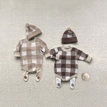 Baby Plaid Graphic Long Sleeve Crewneck Knit Thickened Onesies-0