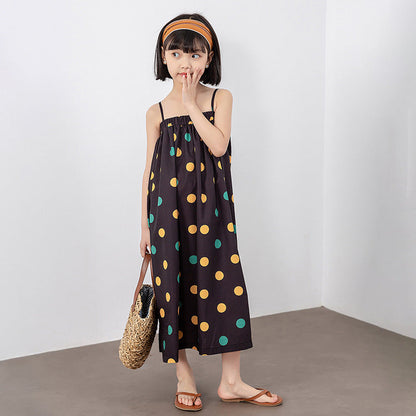 Girls Colorful Polka Dot Pattern Sling Quality Long Dress-0