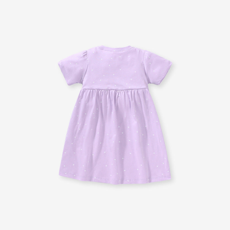 Summer Baby Kids Girls Short Sleeves Purple Dress With White Dots-1