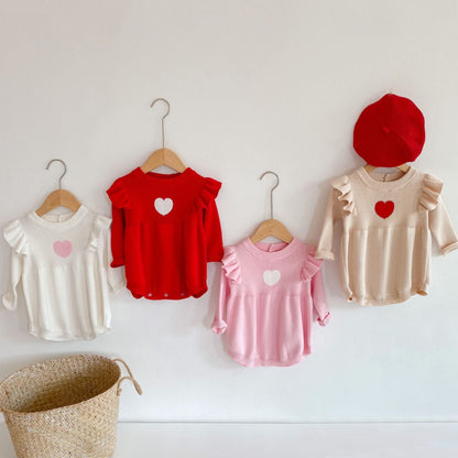 Baby Girl 1pcs Heart Embroidered Pattern Ruffle Long Sleeve Knit Onesies-0