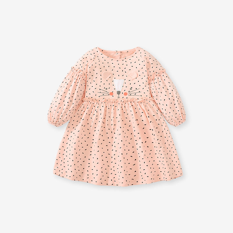 Spring Baby Grils Long Sleeve Cute Cat Design Pink Polka Dot Dress-0