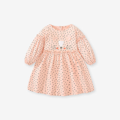 Spring Baby Grils Long Sleeve Cute Cat Design Pink Polka Dot Dress-0