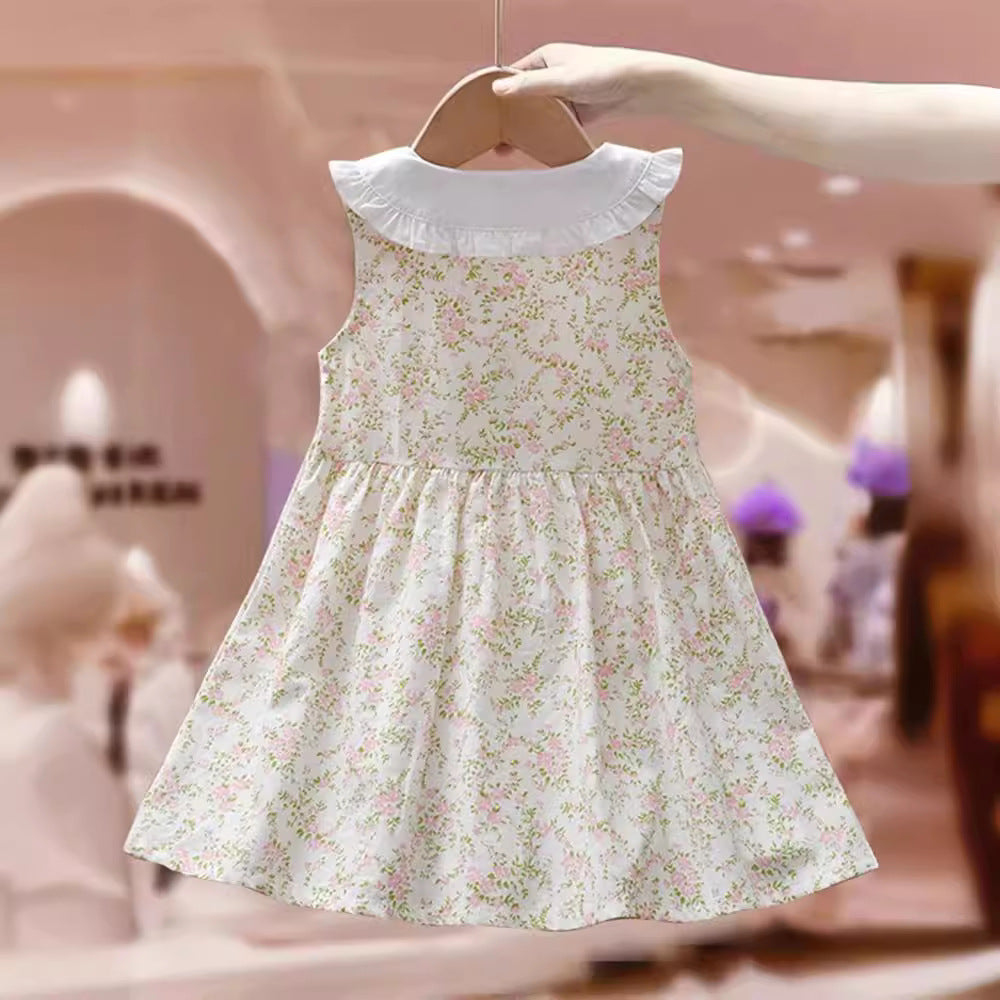 Summer Baby Kids Girls Sleeveless Single Breasted Simple Floral Print Princess Dress-1