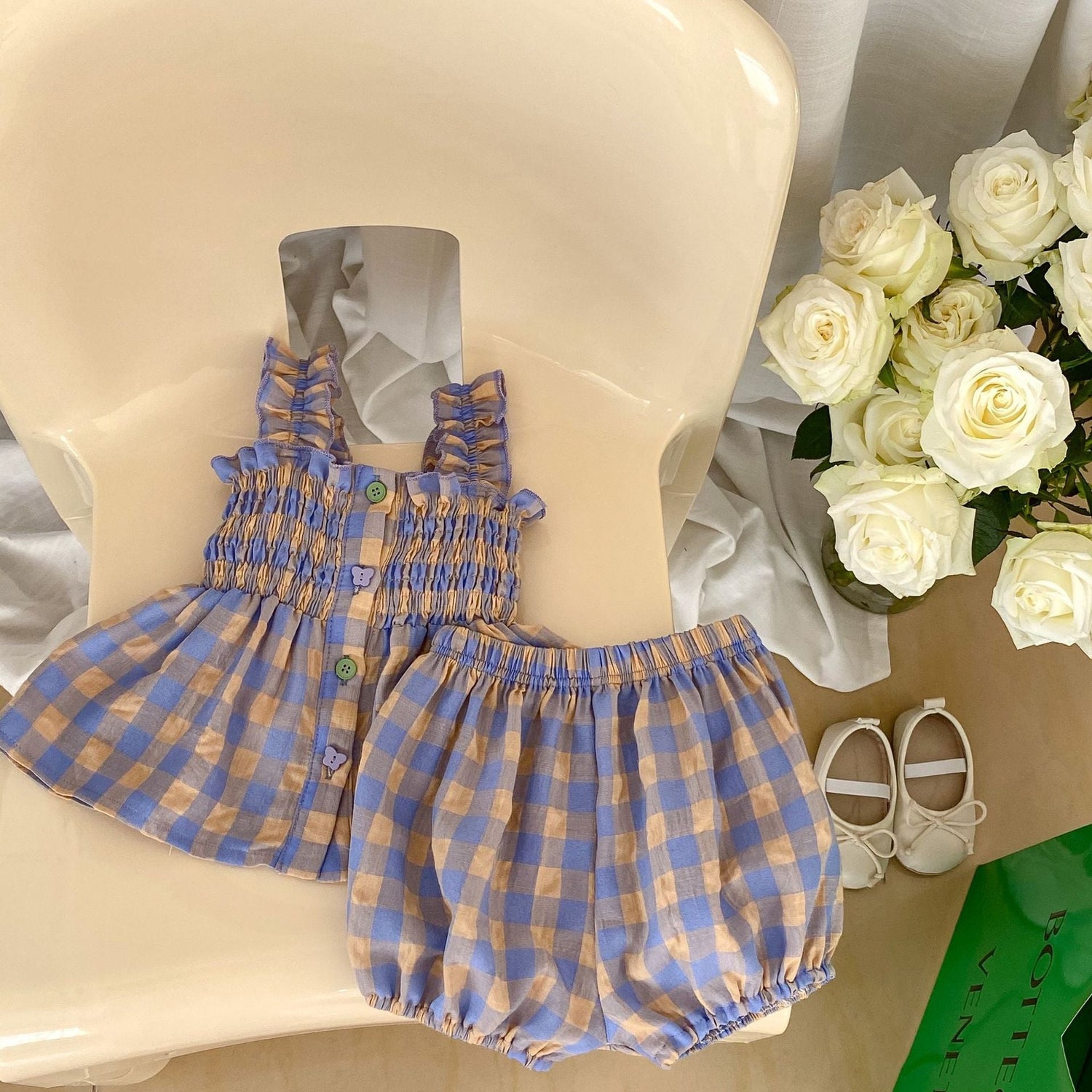 Baby Plaid Pattern Sling Blouses With Shorts Summer Sets-0