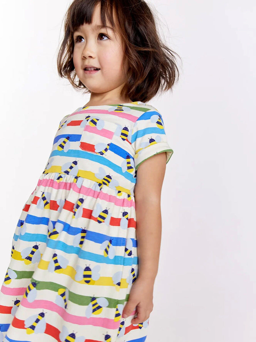 Baby Girls Rainbow Striped Short Sleeves Bees Pattern Dress-1