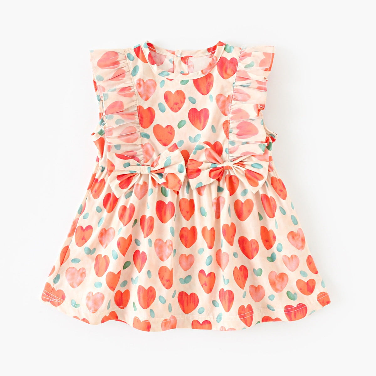 Summer Baby Girls New Arrival Heart Pattern Double Bows Sleeveless Crew Neck Dress-1